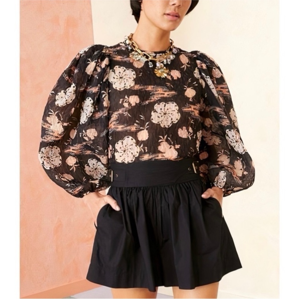 Ulla Johnson Eliza Blouse‎ Onyx Silk Blend Puff Sleeve Floral Top Size 4 Small